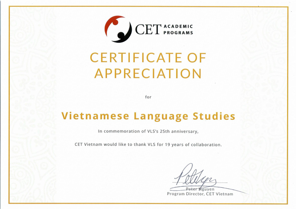 A certificate of appreciation CET honored to VLS in 2019.