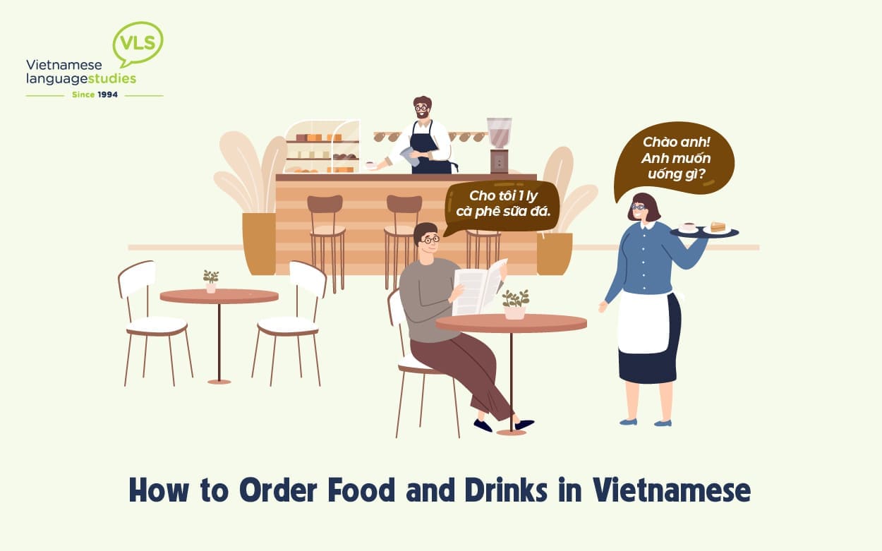 Waitress and customer in a Vietnamese coffeeshop ordering food and drinks.