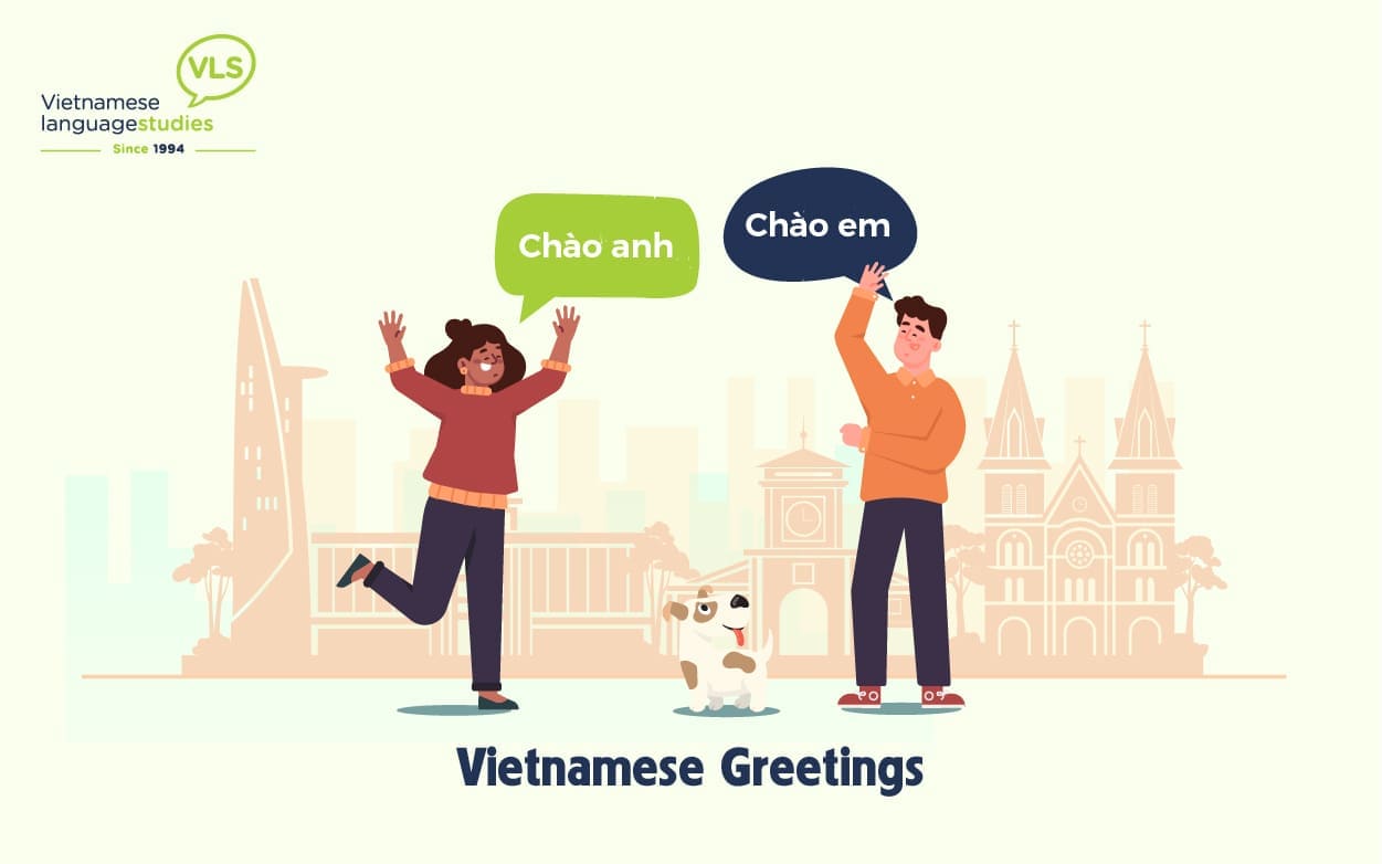 Survival Vietnamese I Vietnamese Greetings: Two people saying 'chào anh' and 'chào em'.