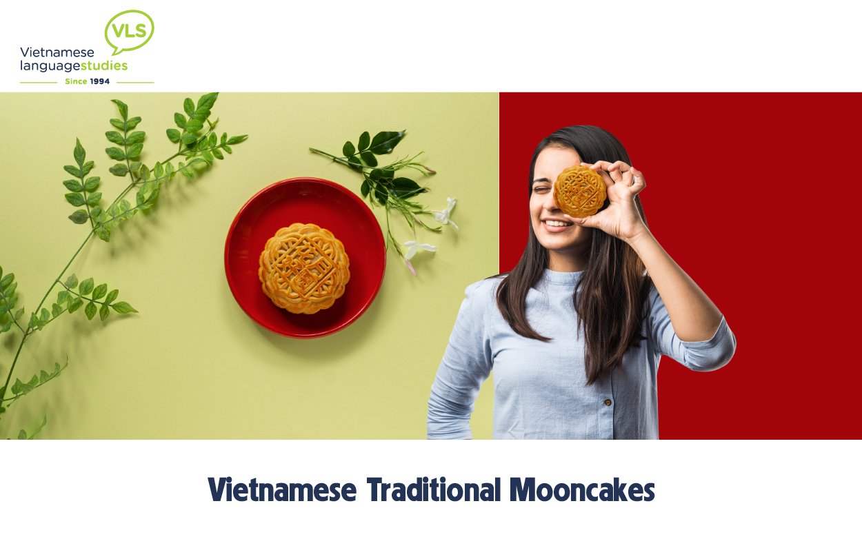 Smiling girl delicately holds a traditional Vietnamese mooncake in her hand