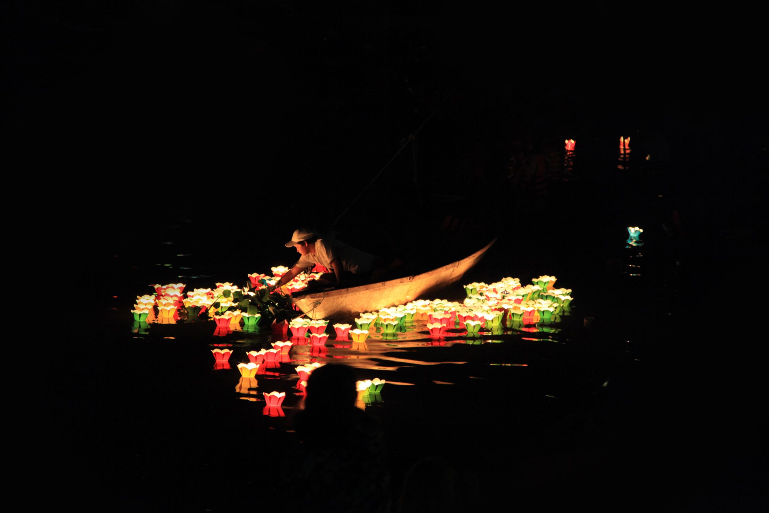 A lantern on the river in Hoi An, Vietnam, during the Vu Lan festival